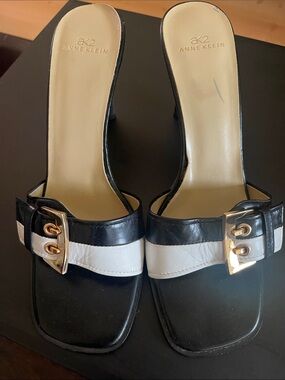 Anne Klein Leather Black & White Slide Mules with Gold Buckle